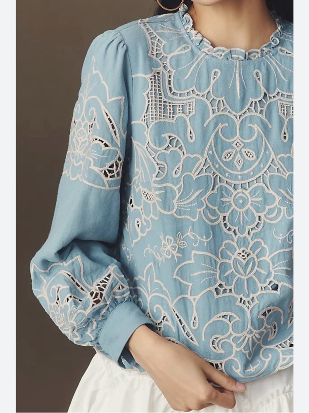 Anthropologie Lainie Light Blue Eyelet Embroidered Long Sleeve Blouse - Picture 2 of 6